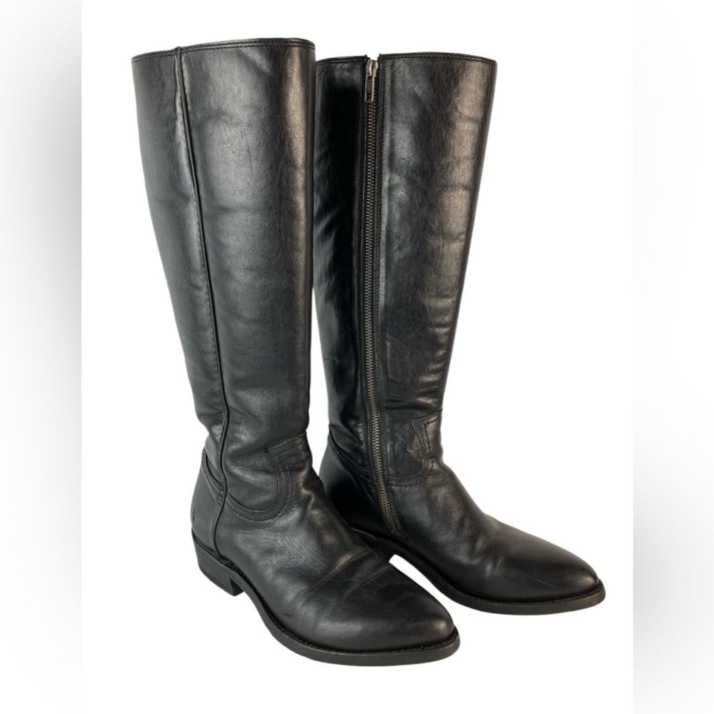 Frye Knee High Pointed Toe Black Leather Boots Women's 8 Zip Up 1.5" Heel